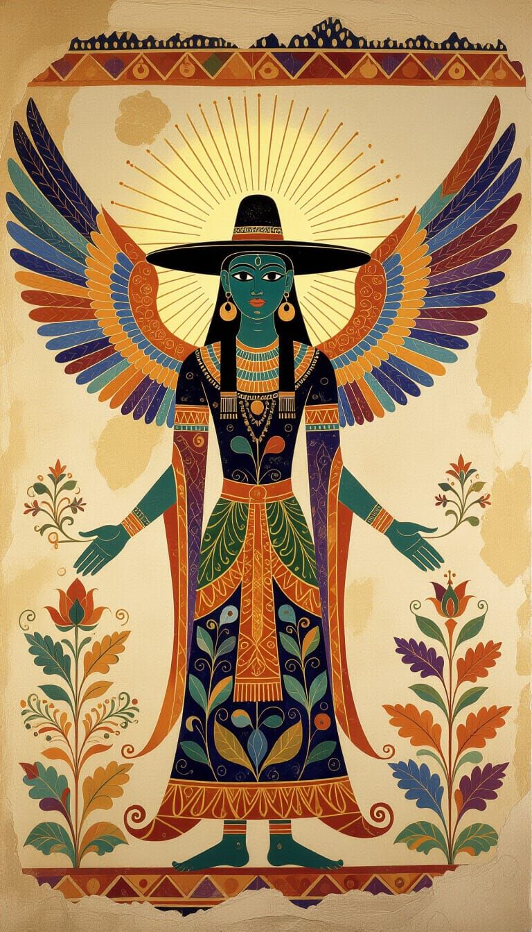 Ancient Cave Painting of Celestial Being with Ornate Wings