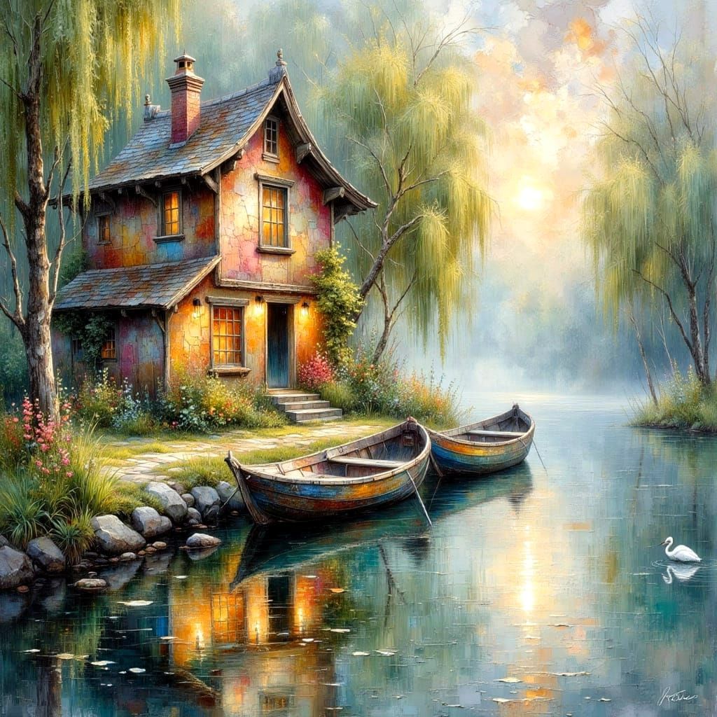 Sunrise Vista Through Metallic Doors as Impasto Painting