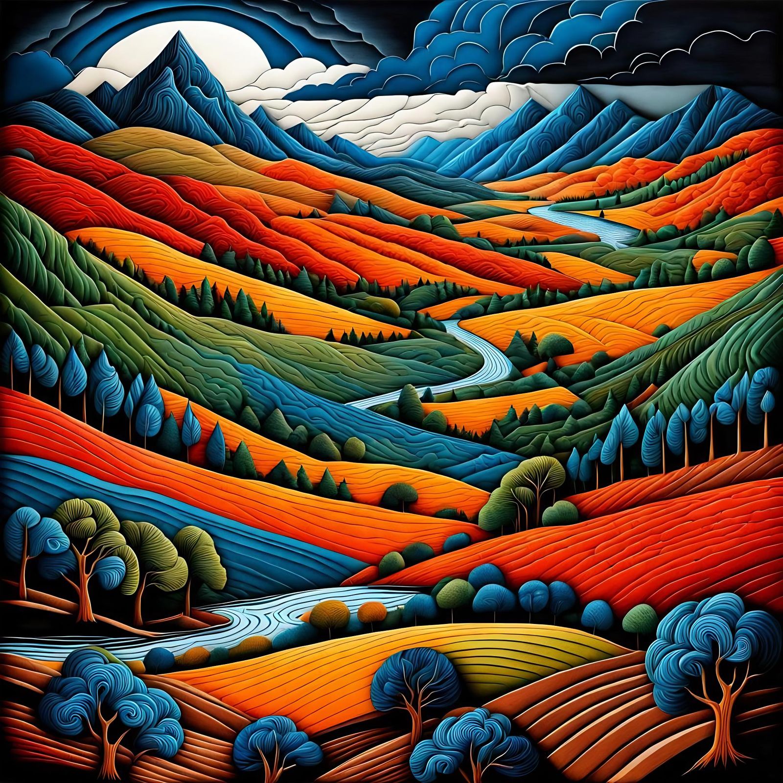 Surreal Storm in Valley, Abstract Cartoon Art