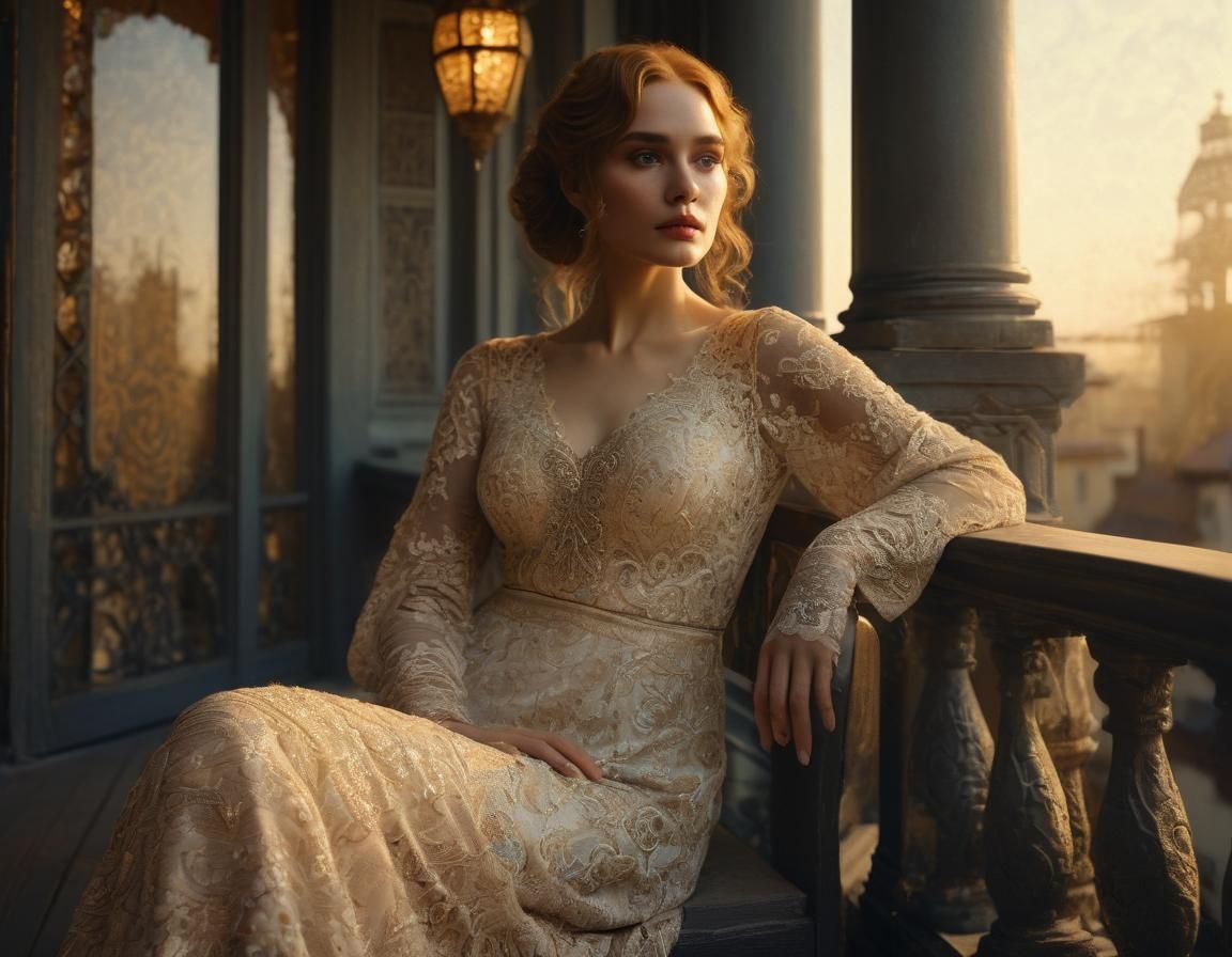 Elegant Goose Maiden on Regal Estate at Golden Hour