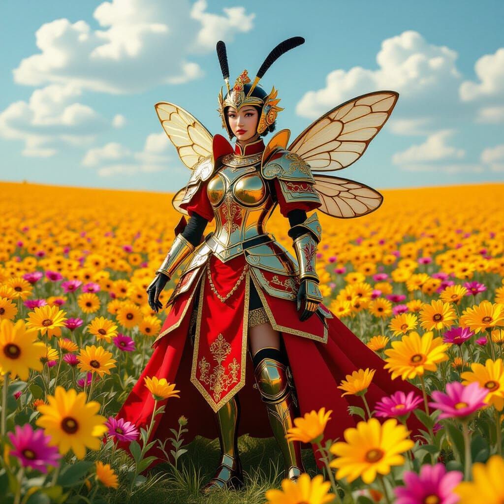 Armored Queen Bee in Floral Landscape