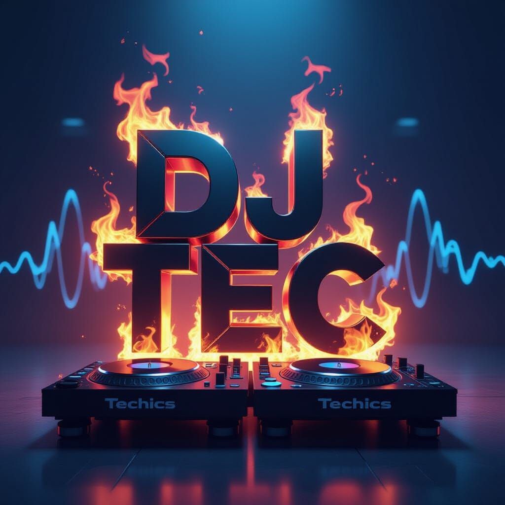 Futuristic DJ Logo with Flames and Sound Waves