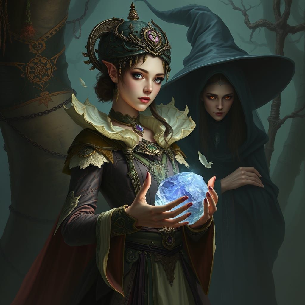 Mystical Witch Listens in Dreamlike Dark Fantasy