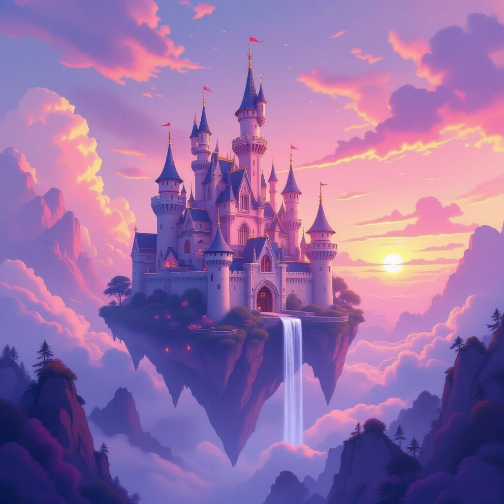 Dreamlike Floating Castle in Oil Painting Style