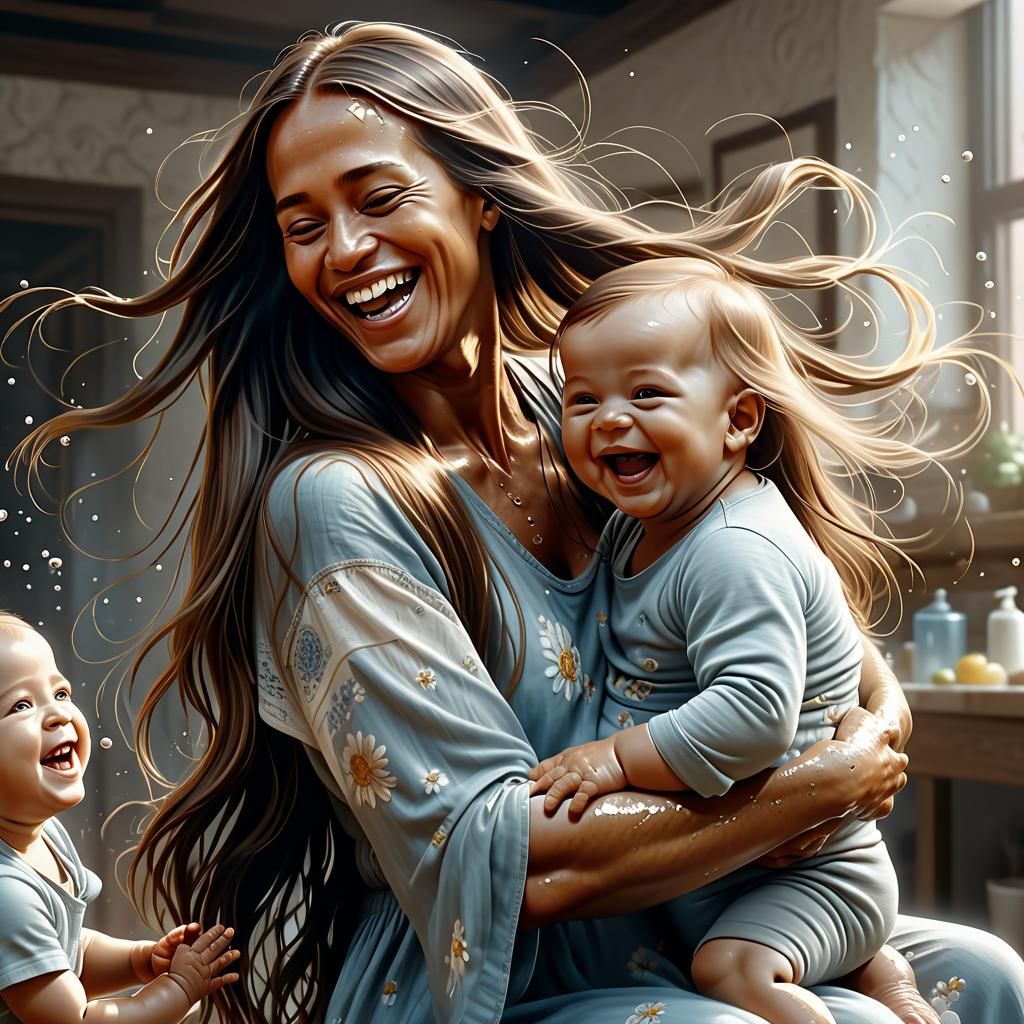 JOYFUL MOTHER WITH BABIES