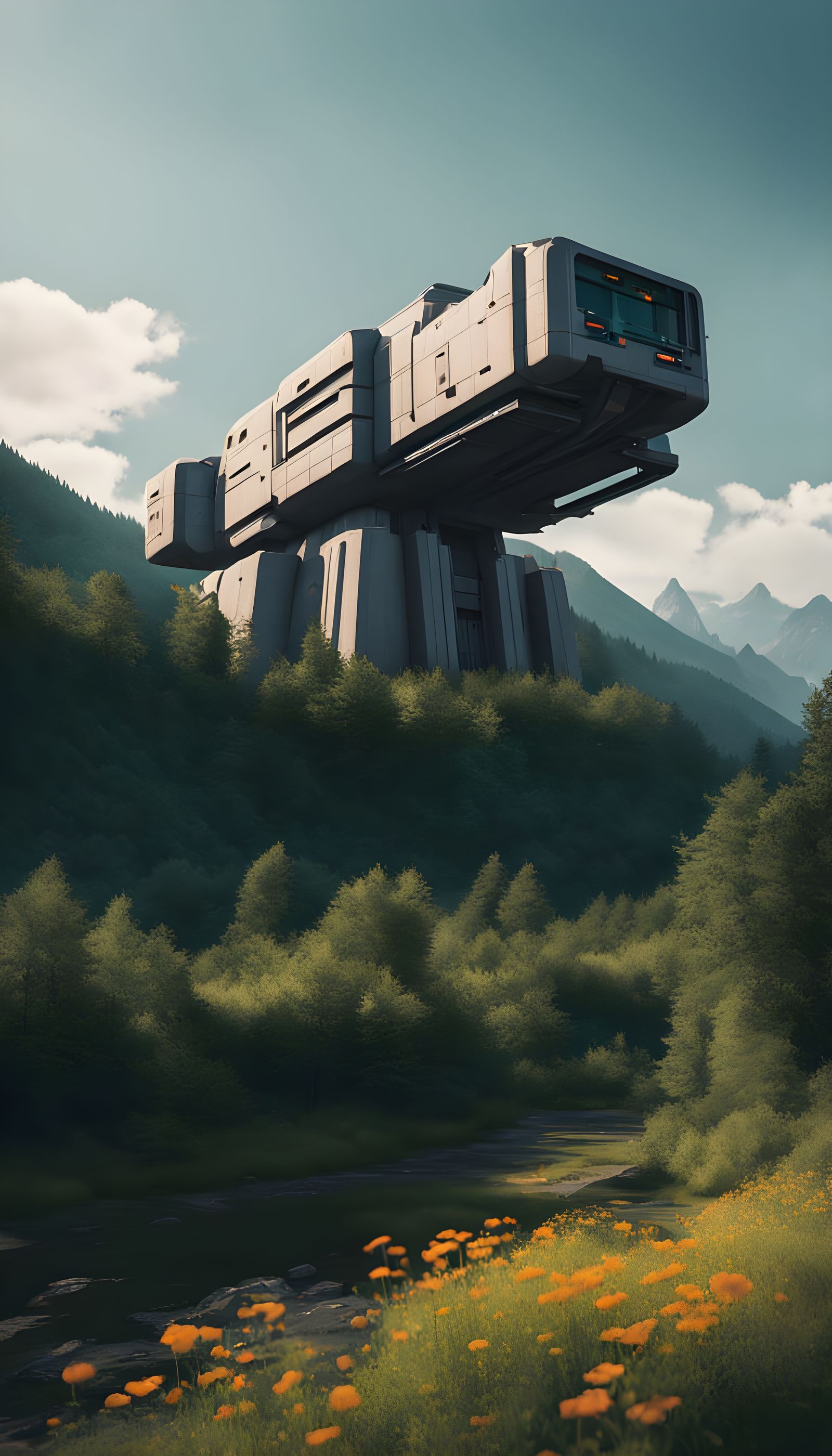 Futuristic Brutalist Military Base in Forested Valley
