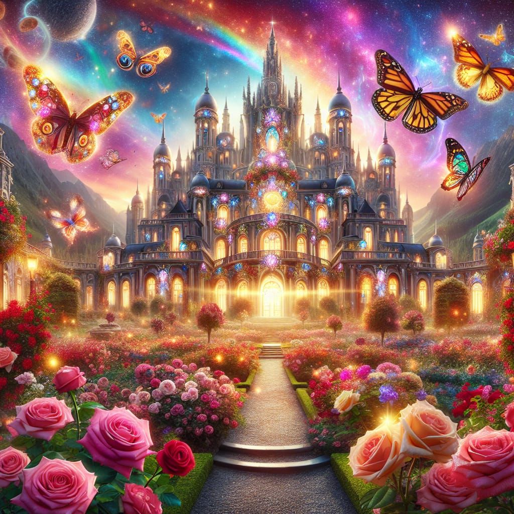 Majestic Castle in Rose Garden: A Fantasy Dreamscape