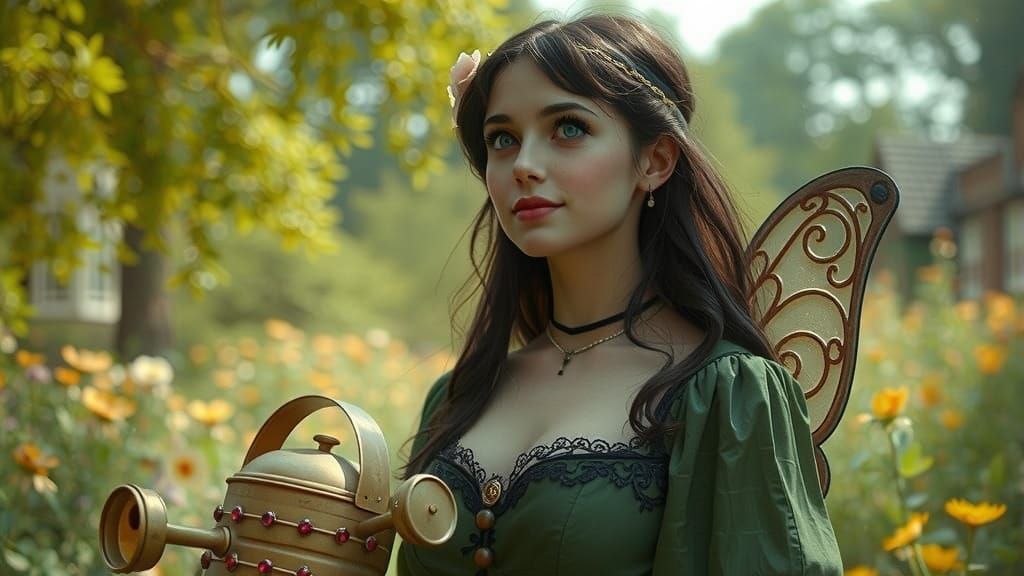 Victorian Fairy in Estate Gardens with Robot Companion
