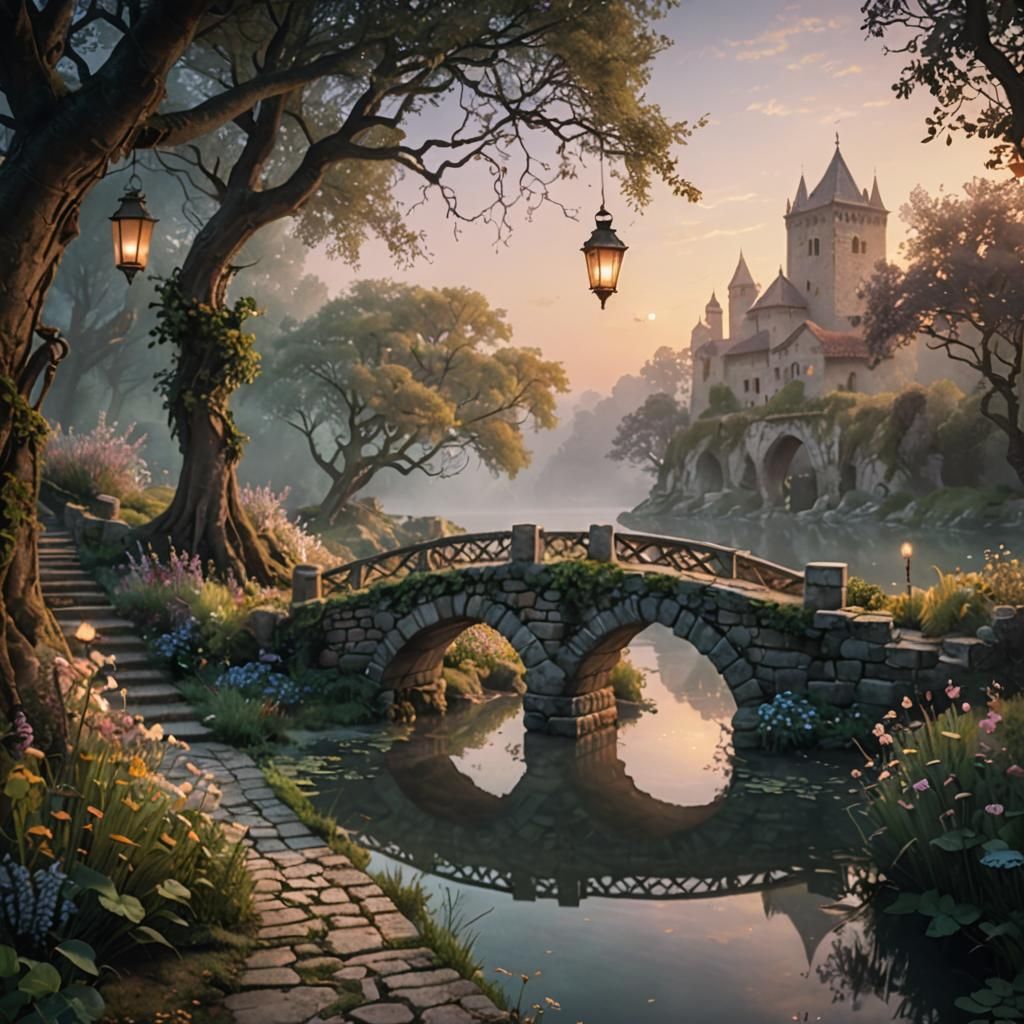Ancient Stone Bridge in Twilight, Matte Painting