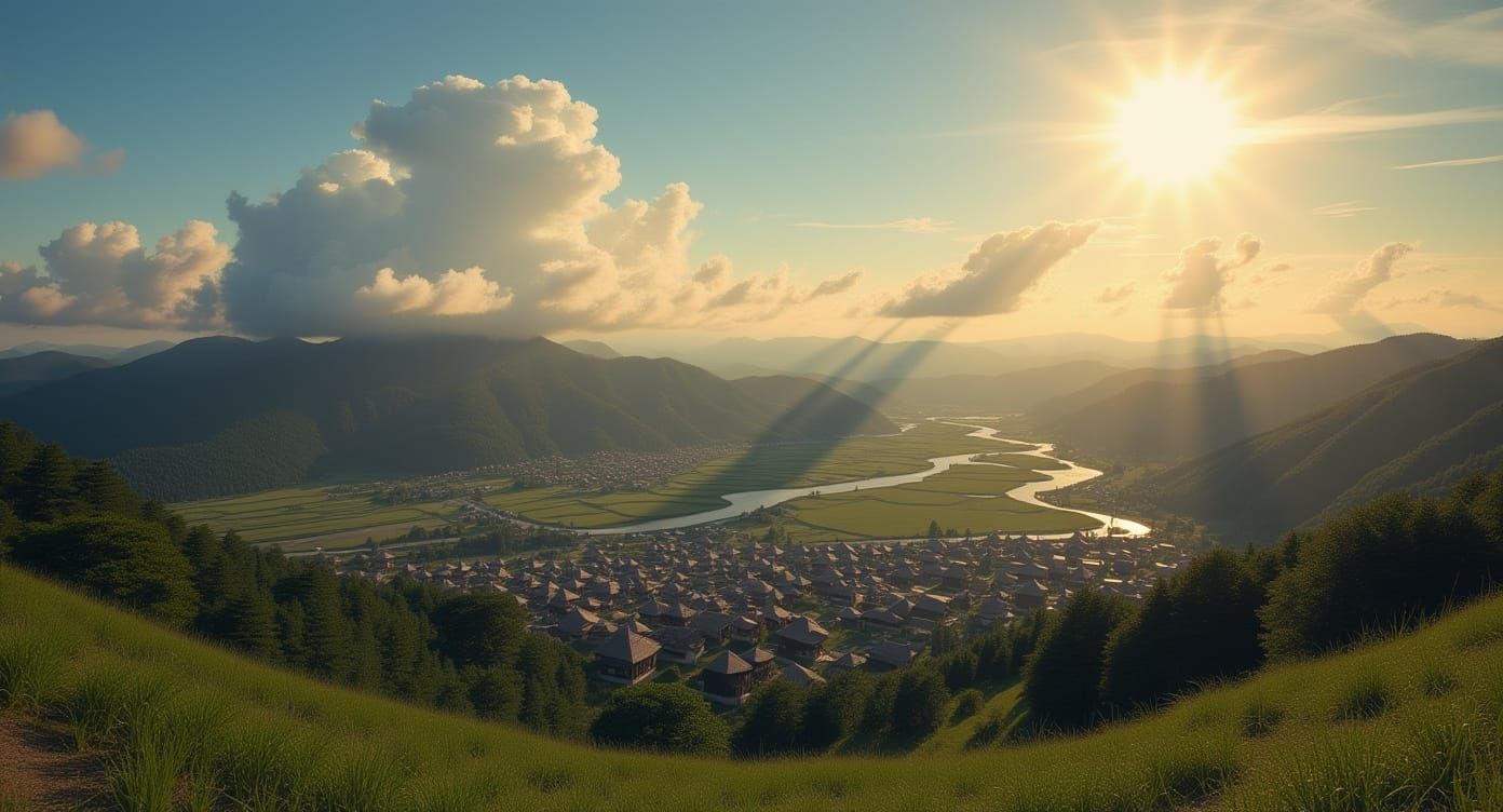 Ancient Japan Valley View from Mountain Peak
