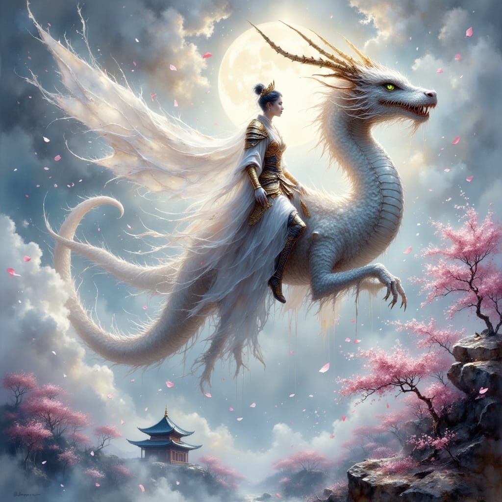 Ghostly Samurai on Dragon in Poetic Japanese Fantasy Scene