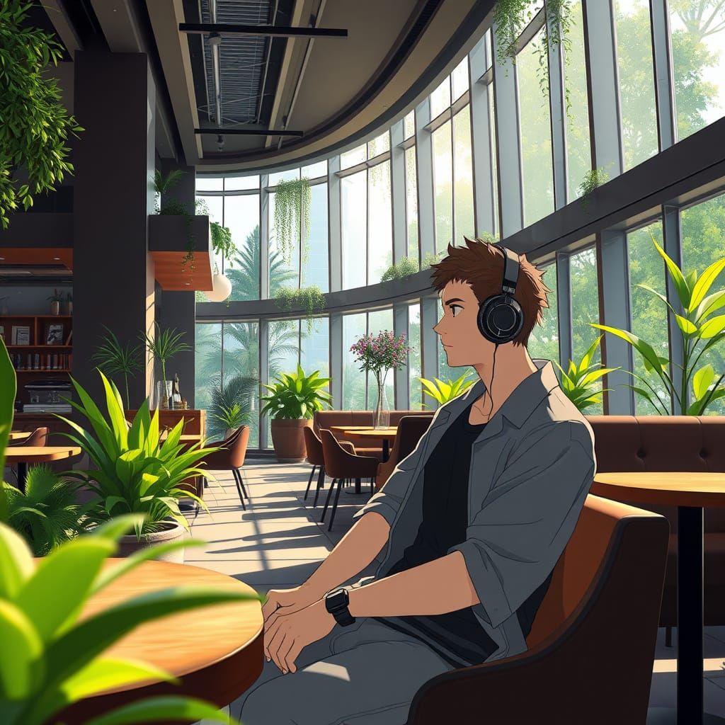 Futuristic Cafe Scene in Studio Ghibli Style