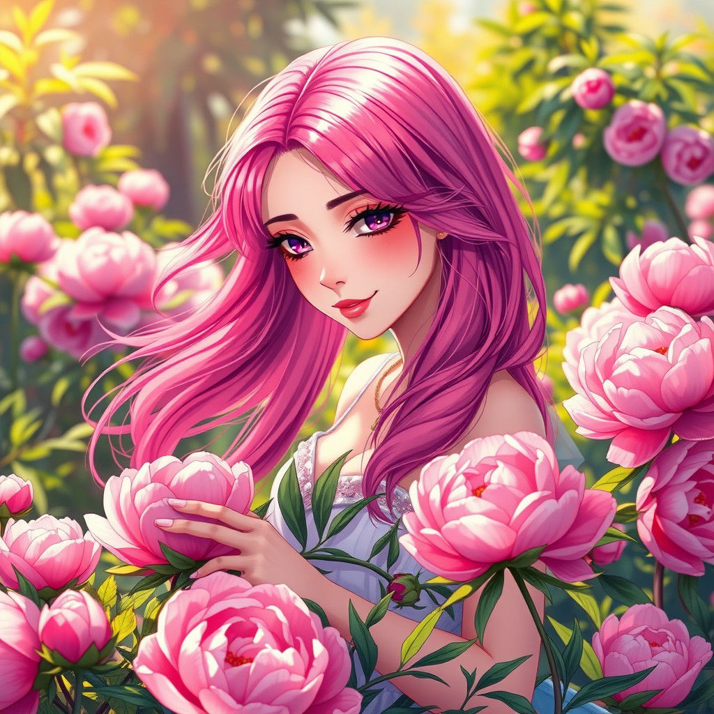 Anime Woman Cultivating Peonies in Lush Garden