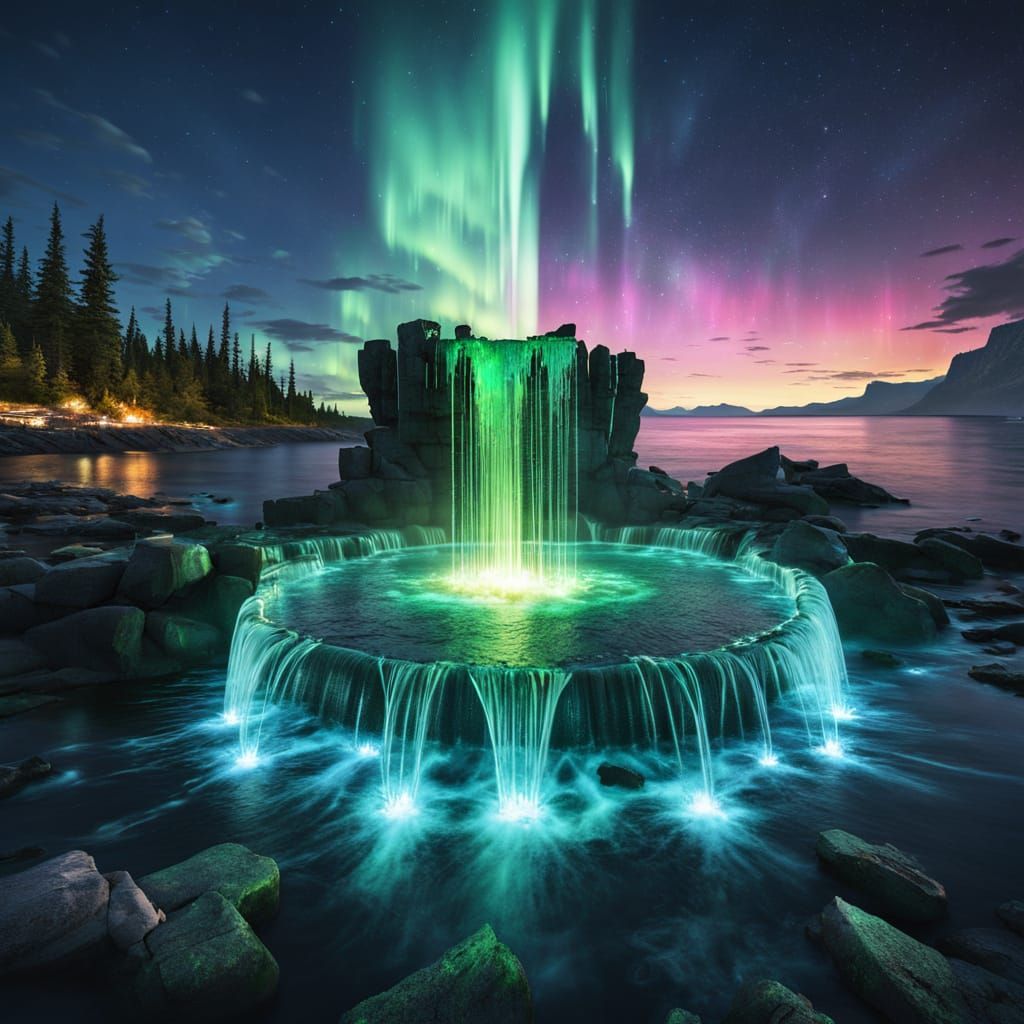 Neon Fountain Under the Northern Lights