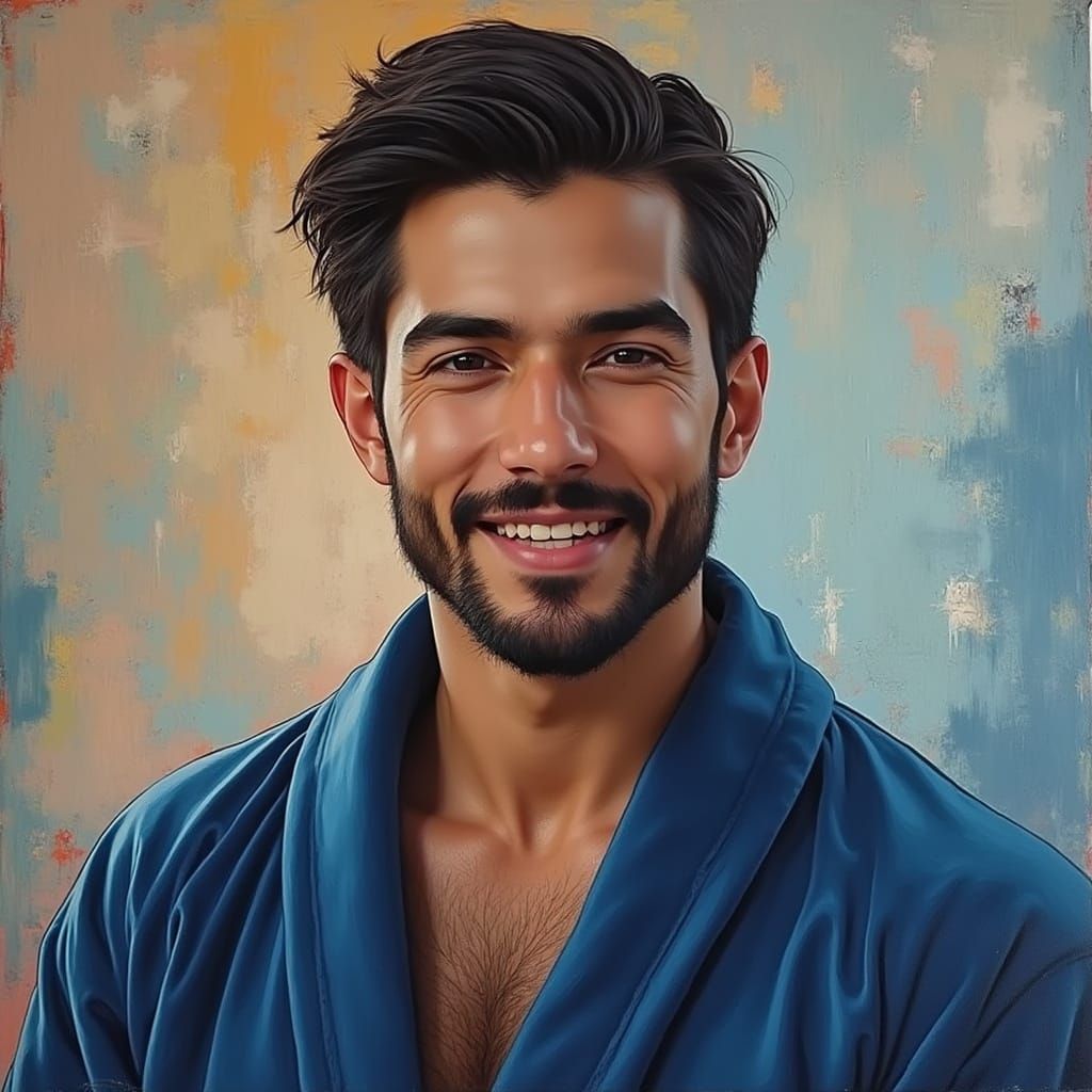 Portrait of Handsome Man in Blue Velvet Robe