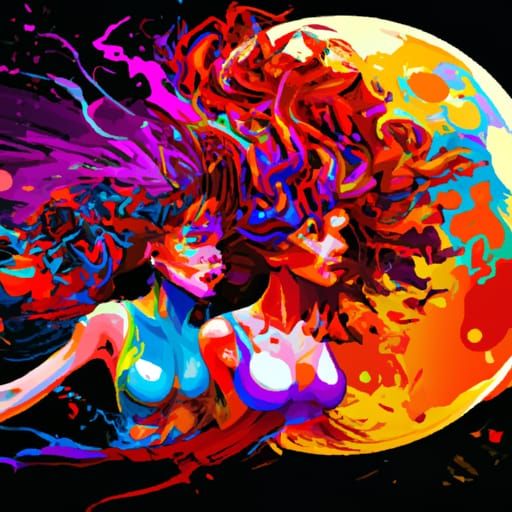Women on Beach Under Red Moon, Hyperdetailed Art