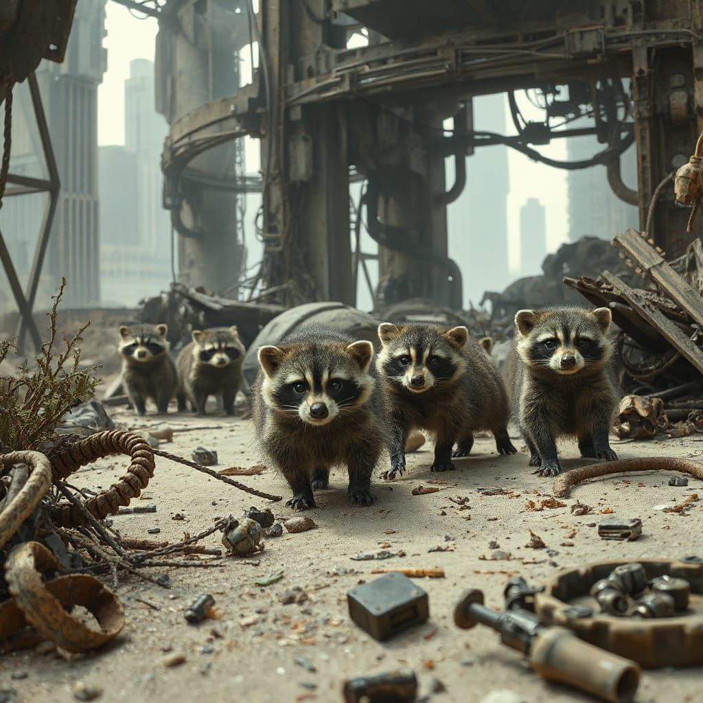 Raccoons Scavenge a Post-Apocalyptic Metropolis