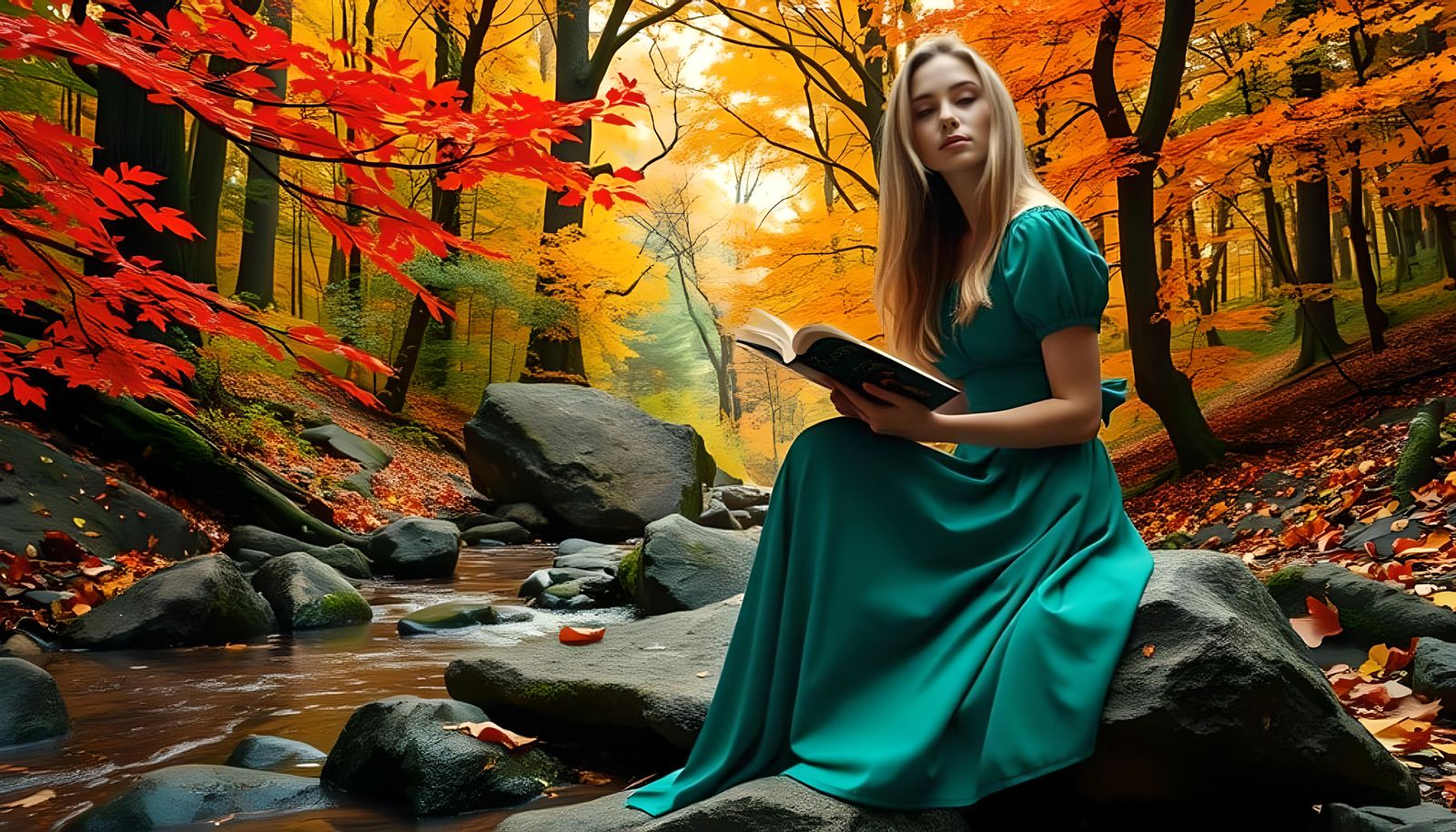 Lady Reading by Stream in Autumn Forest