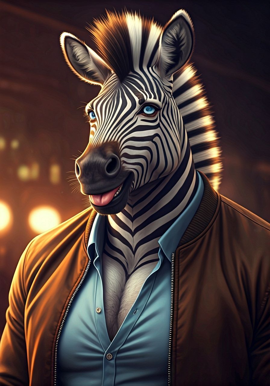 Handsome Anthropomorphic Zebra in a Dive Bar, Photorealistic