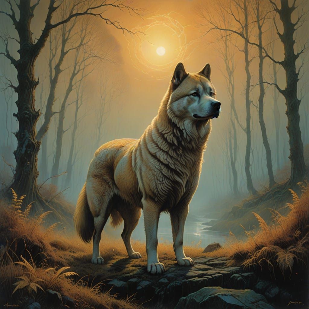 Majestic Akita in Ethereal Forest Landscape