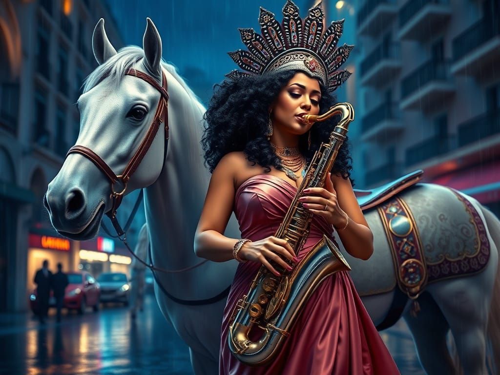 Babylonian Princess Plays Saxophone under Rain-Soaked Street...