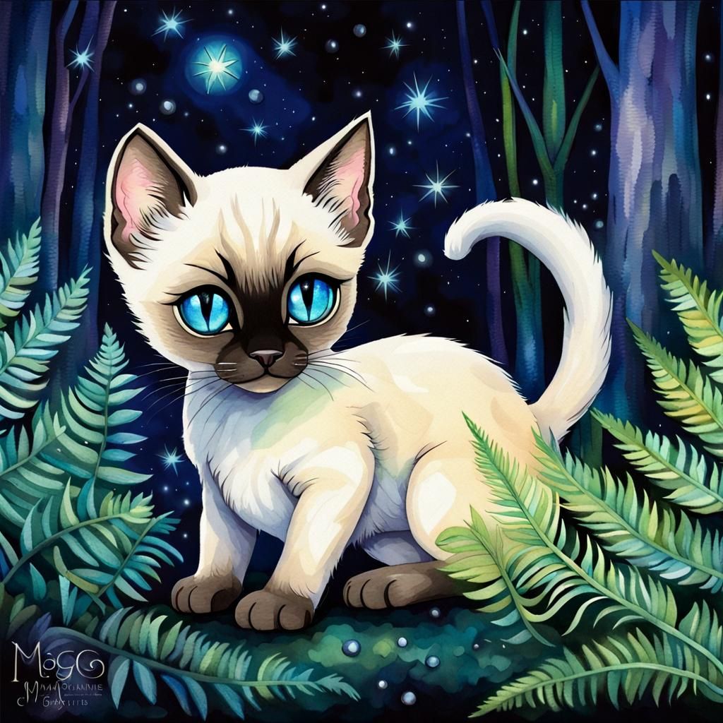 Chibi Siamese Kitten in Luminescent Forest Watercolor