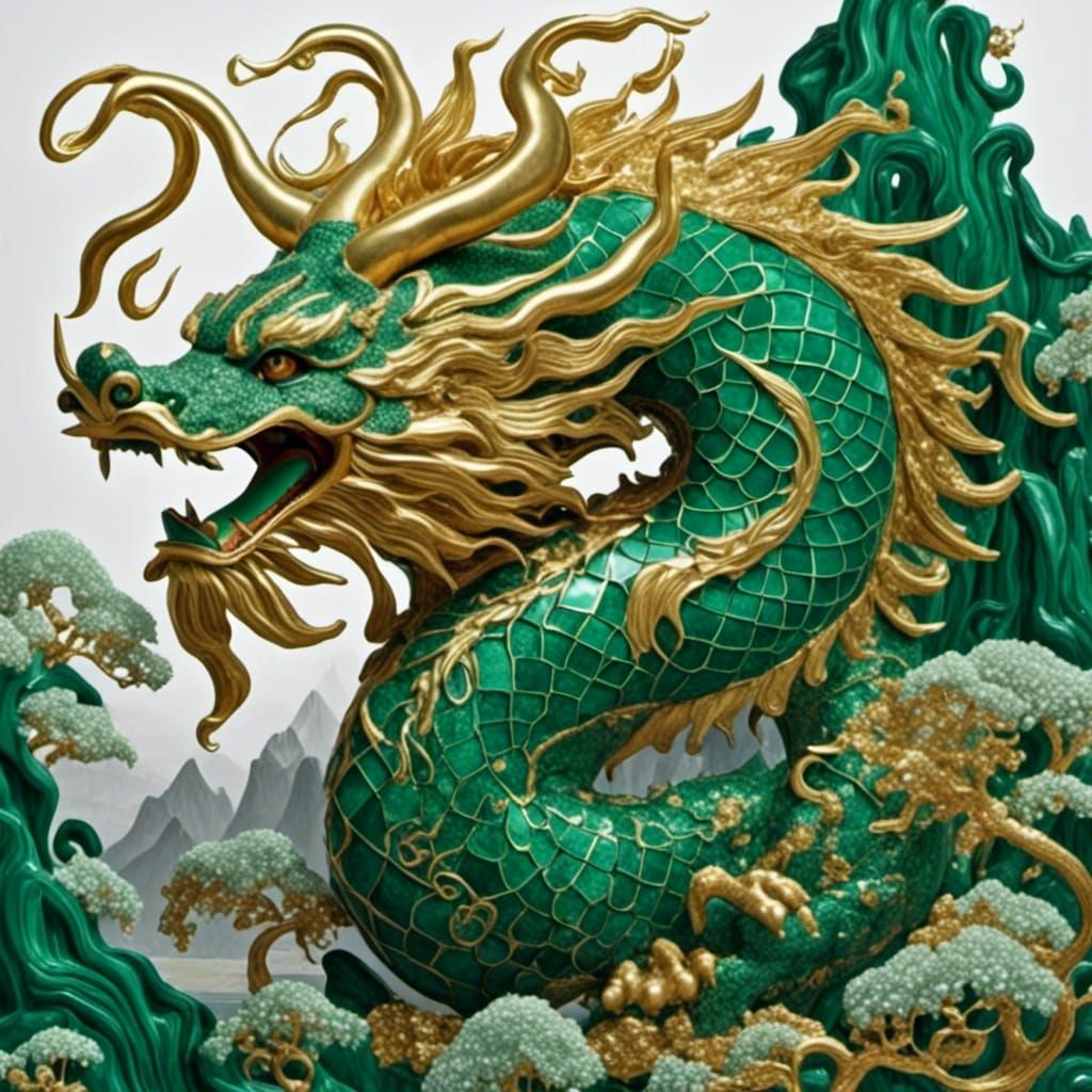 Japanese Dragon in Watercolour Oriental Landscape