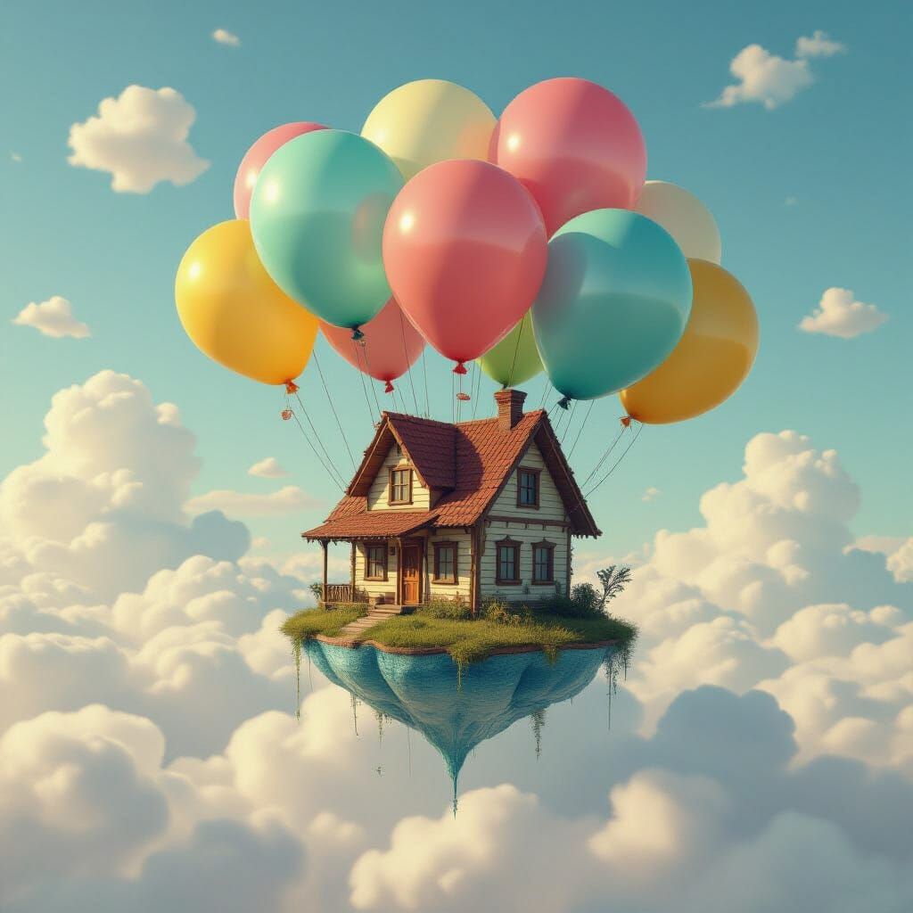 House Carried by Glass Balloons in Dreamy Clouds
