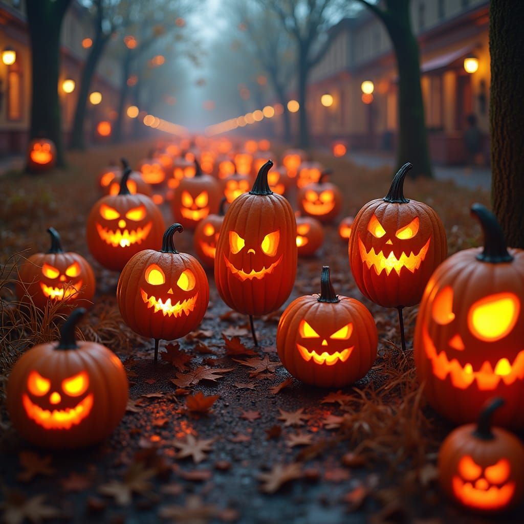 Whimsical Pumpkin Parade on Autumn Evening