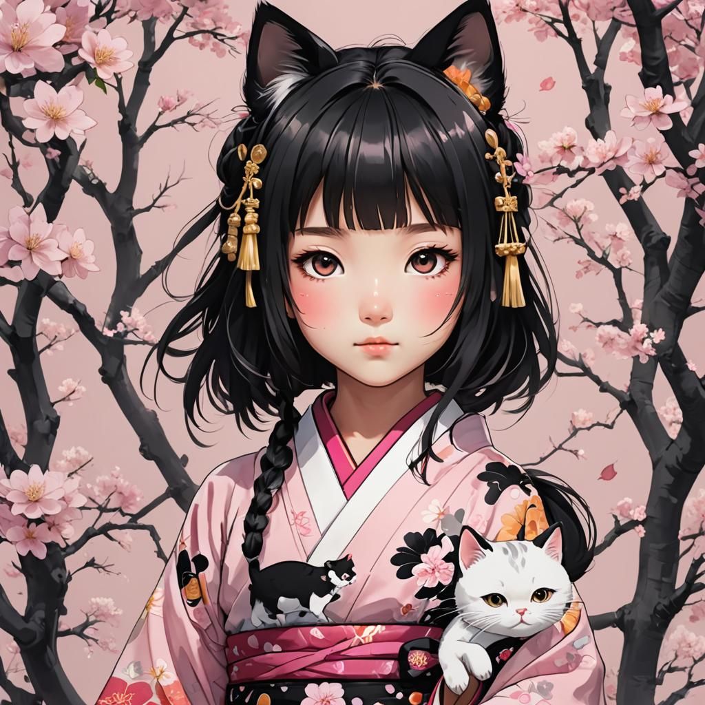 Anime Girl with Kitten in Sumi-e Style