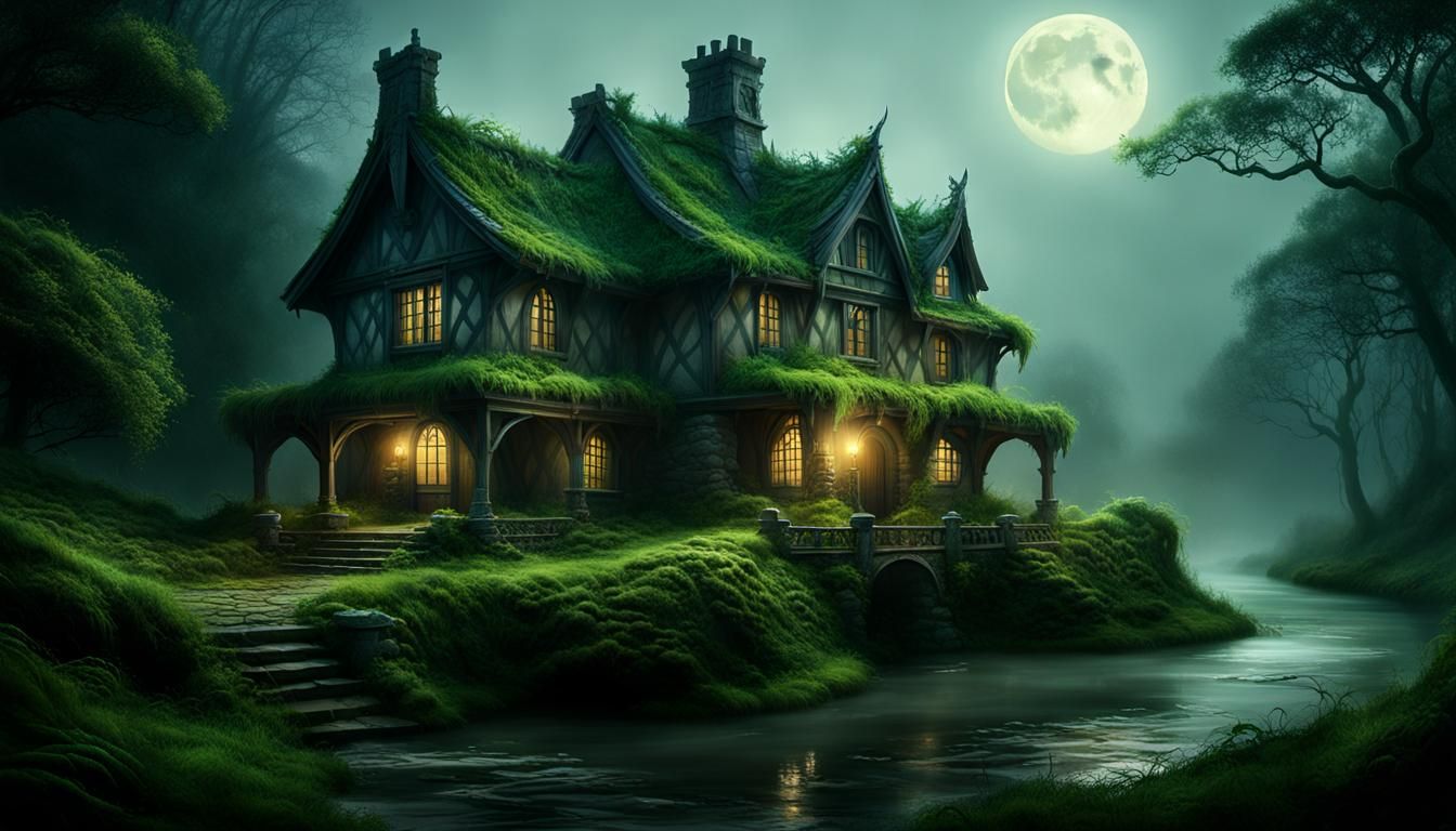 Shrouded Woodland Manse Illuminated by Ethereal Moonlight