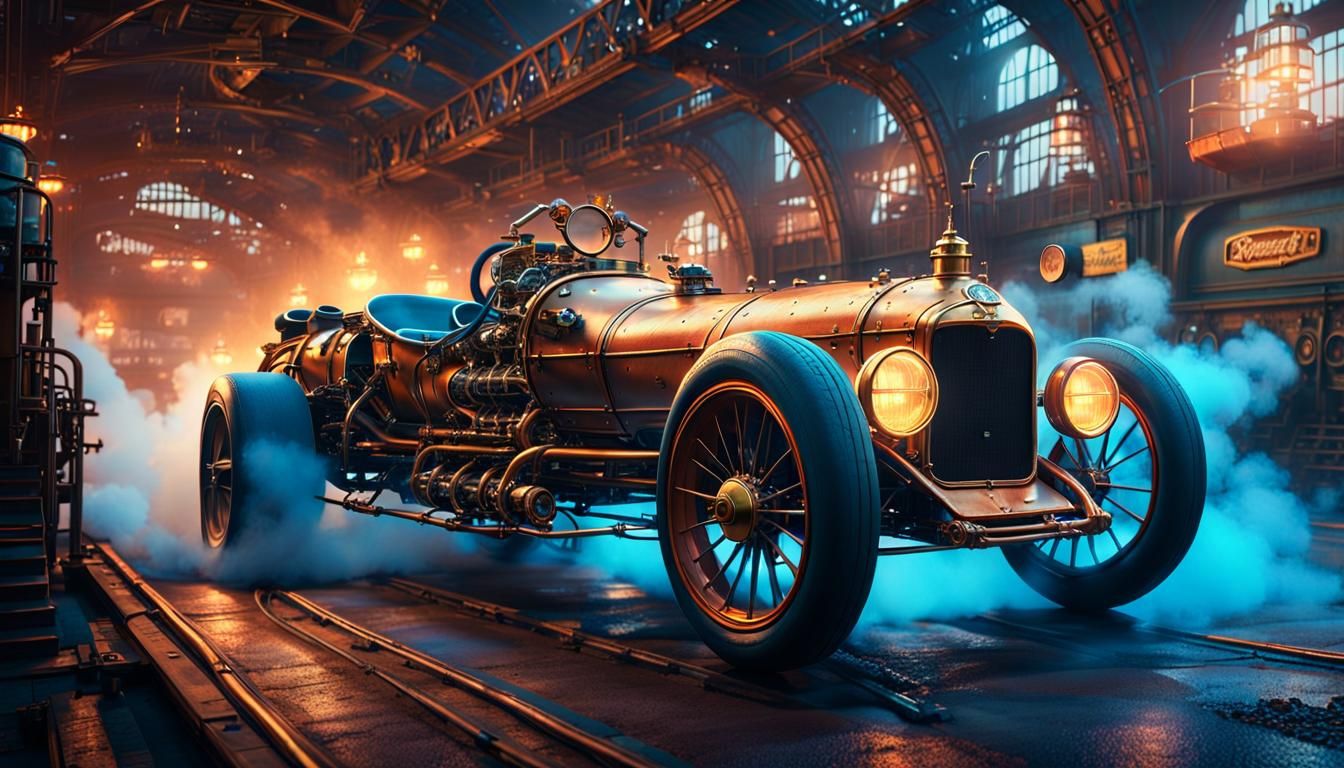 Steampunk Speedway Race at Dusk with Amber Lights