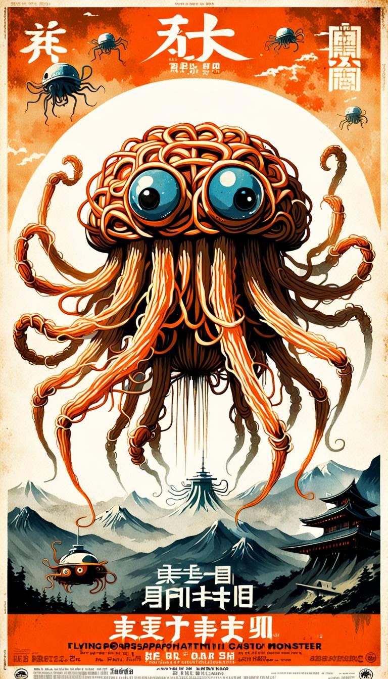 Flying Spaghetti Monster in Retro Japanese Poster