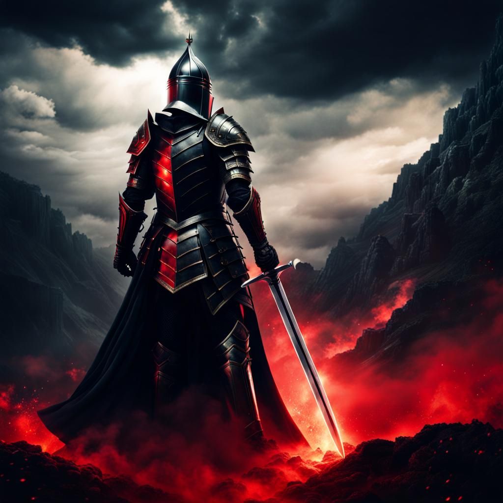 Black Knight in Dark, Glowing Armor War Scene