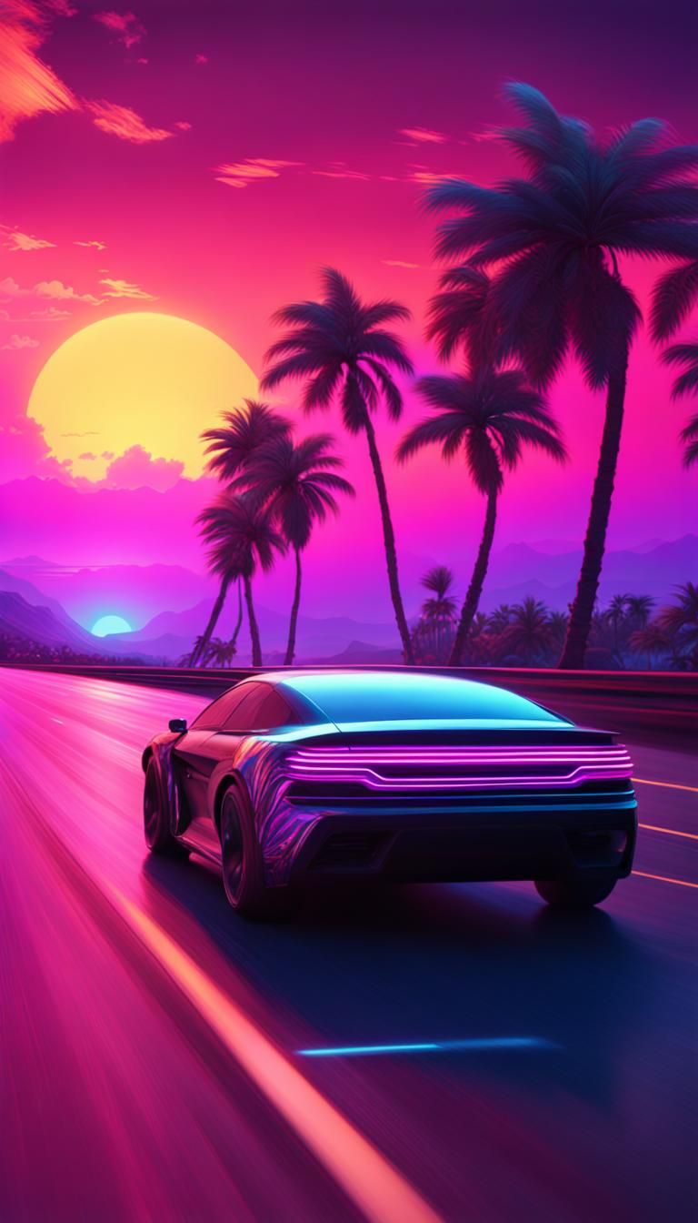 Synthwave Sunset Drive in Detailed Matte Painting