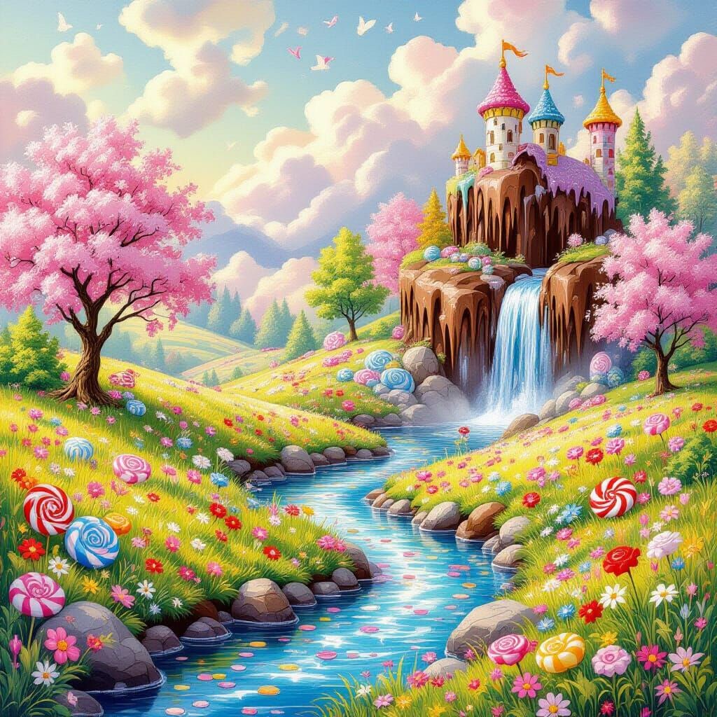 Candyland Meadow with Chocolate Waterfall in Gouache Style