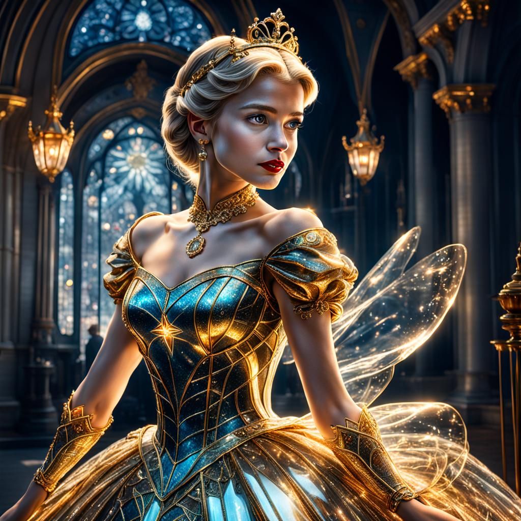Hyperrealistic Cinderella in Glass Dress with Tesla Details