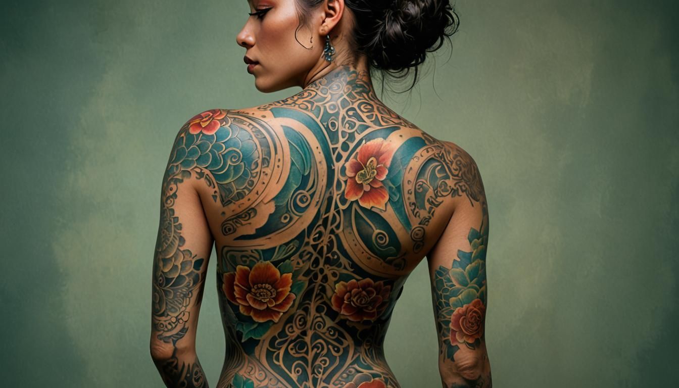 Woman with Elaborate Tattoos in Double Exposure Style