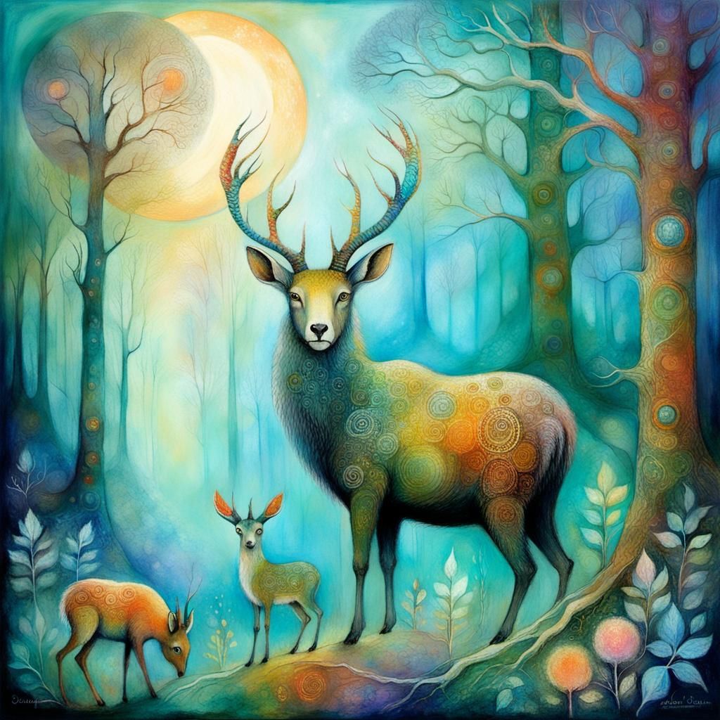 Mystical Forest Creatures in Pastel Oil Painting Style