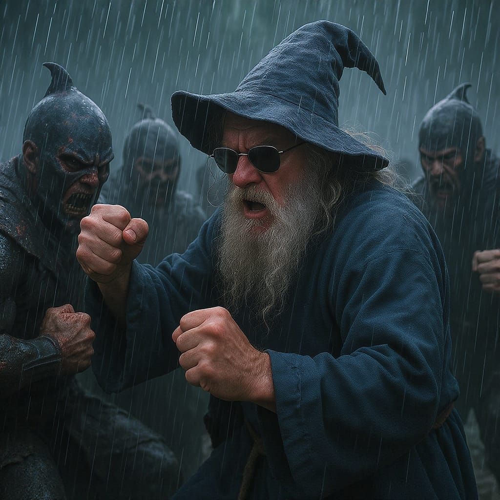 Wizard Battles Warriors in Rainy Fantasy Scene