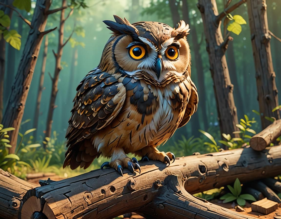Owl on Log in Pixar-Style 3D Digital Art