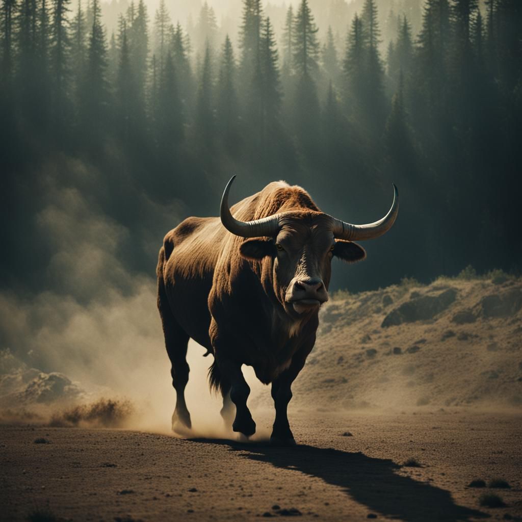 Dramatic Cinematic Film Still of a Bull