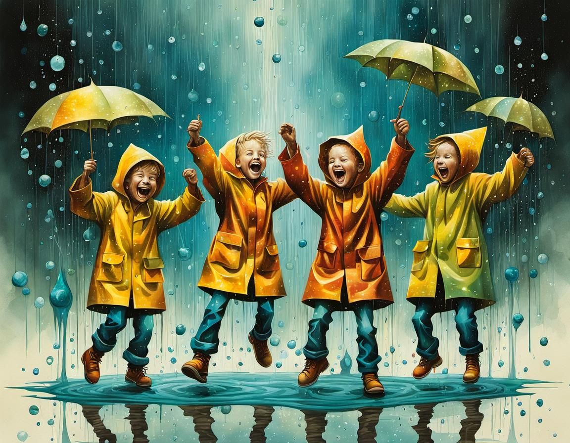 Joyful Kids Dancing in the Rain: Surreal Art