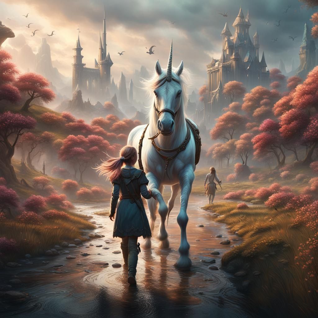 Girl and Unicorn in Detailed Fantasy Art