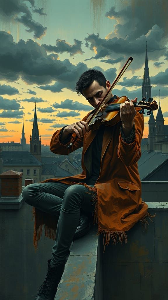 Vienna Rooftop Violinist in Cubist Expressionist Style