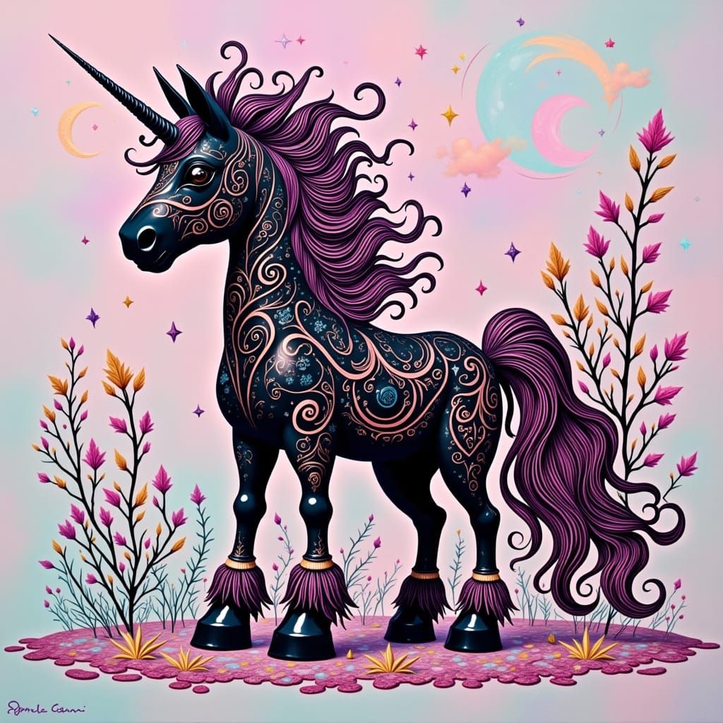 Vibrant Black and Pink Striped Unicorn with Whimsical Backgr...
