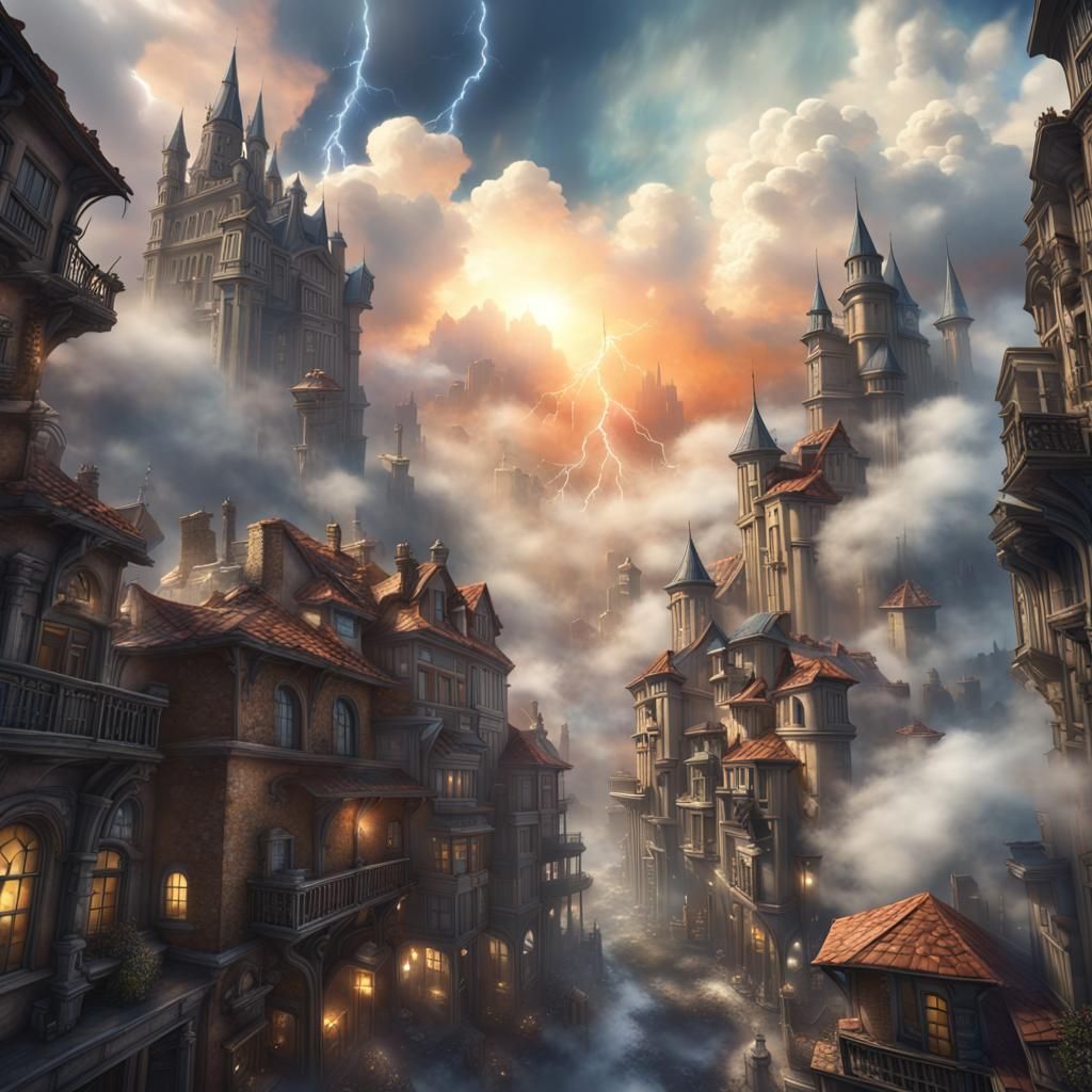 Town under thunderstorm