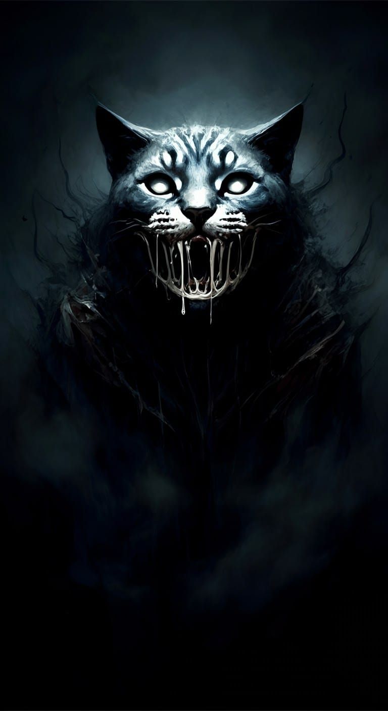 Mist-Shrouded Feline Horror in Negative Monochrome