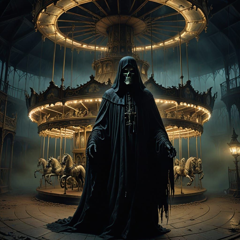 Spectral Ghost Haunts Abandoned Carousel at Midnight