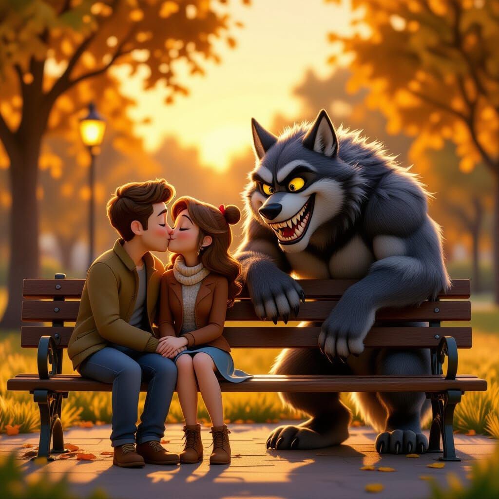 Couple's Romantic Moment Interrupted by a Grinning Werewolf